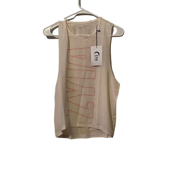 New Zyia Active Womens Cream and Pink Spell-Out Graphic Athlete Tank Top Medium - Picture 1 of 10